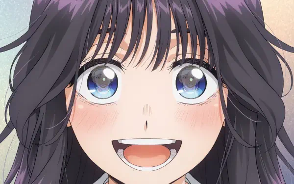 Anime close-up of Kaoruko Waguri from The Fragrant Flower Blooms With Dignity, smiling with sparkling blue eyes and dark hair; HD PC desktop wallpaper.