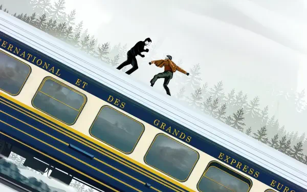 Mission: Impossible - Dead Reckoning Part One 4K Ultra HD PC desktop wallpaper: two figures battling atop a speeding train through snowy pine woods.
