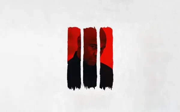 The Equalizer 3 8K Ultra HD PC desktop wallpaper and background: three red-and-black vertical brushstrokes on white revealing a shadowed face.