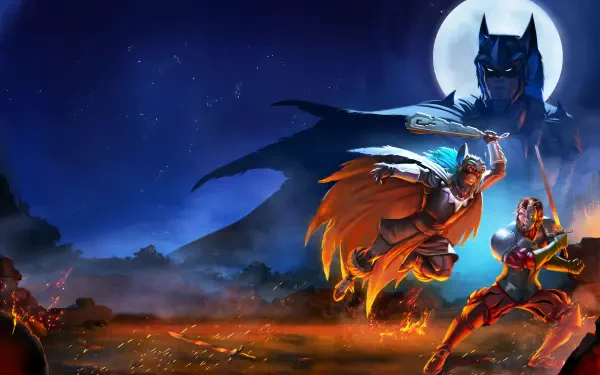 Aztec Batman: Clash of Empires 4K Ultra HD PC wallpaper — Aztec-inspired Batman looms by a full moon as armored warriors clash amid lava, glowing magic, and ancient stone ruins.