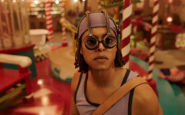 HD PC desktop wallpaper of Usopp from the One Piece live-action TV show: close-up of him in goggles and a headscarf amid a colorful, carnival-like set.