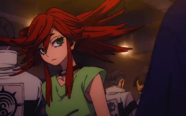 Anime Gachiakuta Riyou Reaper 4K Ultra HD PC desktop wallpaper: red‑haired, green‑eyed character with wind‑swept hair and a determined gaze amid a dim, crowded corridor.