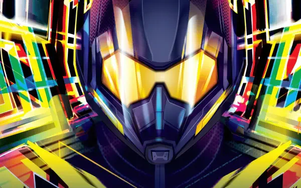 Neon close-up of Ant‑Man helmet with glowing yellow visor amid vibrant fractured light, Ant-Man and the Wasp Quantumania (2023) 4K Ultra HD PC desktop wallpaper background