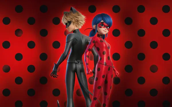 4K Ultra HD PC desktop wallpaper for Miraculous: Ladybug & Cat Noir, The Movie — Ladybug and Cat Noir stand back-to-back on a red polka-dot background.
