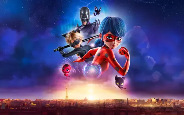 Miraculous: Ladybug & Cat Noir, The Movie — 8K Ultra HD PC desktop background: Ladybug front and center, Cat Noir and allies hover over a glowing Paris skyline beneath a vivid blue-purple sky.
