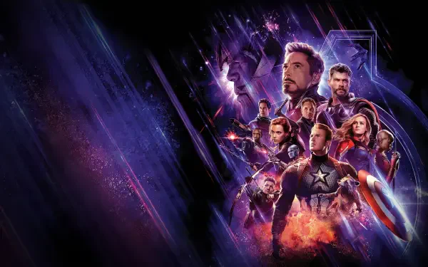 Avengers EndGame 4K Ultra HD PC desktop wallpaper and background: heroic ensemble of Avengers posed amid fiery explosions and cosmic purple-black streaks.