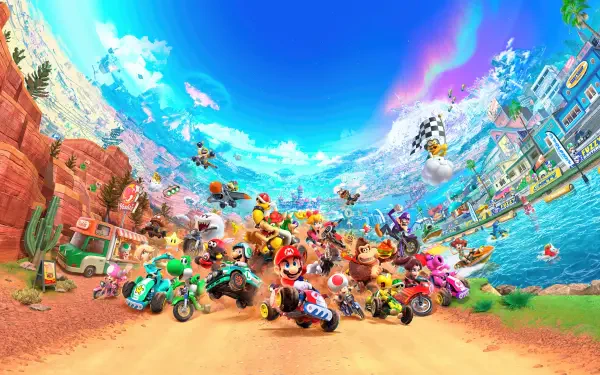 Vibrant Mario Kart world race: Mario and colorful racers speed along a sunlit seaside track beneath a bright blue sky — 4K Ultra HD PC desktop wallpaper/background.