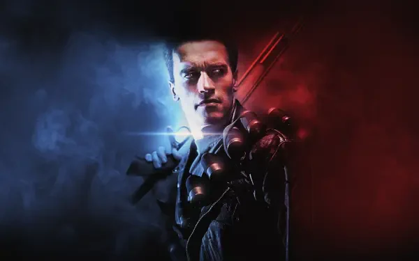 Terminator cyborg in dramatic blue-and-red lighting, leather jacket and metallic endoskeleton visible — 4K Ultra HD PC desktop wallpaper and background, cinematic sci‑fi scene.