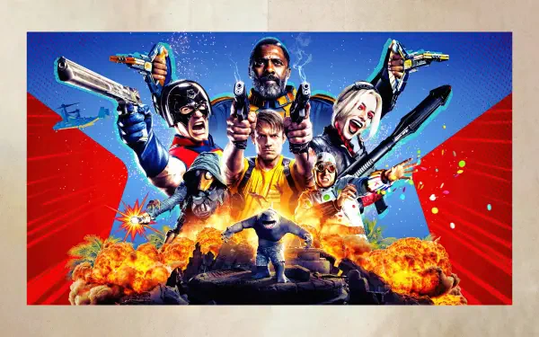 8K Ultra HD PC desktop wallpaper of The Suicide Squad: armed antiheroes posed amid fiery explosions against a bold red-and-blue backdrop.