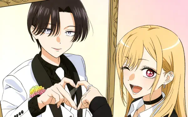 Anime 4K desktop wallpaper from My Dress-Up Darling: Marin Kitagawa winks beside a dark-haired young man in a white suit as they make a heart with their hands.