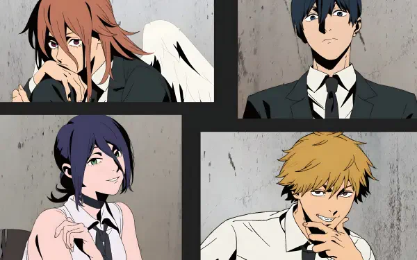 4K Ultra HD PC wallpaper: Chainsaw Man anime-style four-panel portraits—red-haired with wings, stoic dark-haired, purple-haired woman, and grinning blonde in suits.