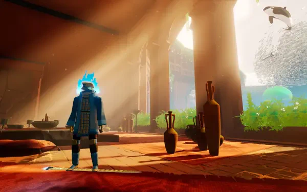 4K Ultra HD PC desktop wallpaper/background for the video game Sword of the Sea: a glowing blue-hooded hero in a sunlit ruined hall, overlooking the sea with vases and a distant seagull.