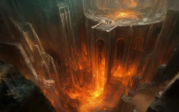 4K Ultra HD PC desktop wallpaper — fantasy dwarven mine: a vast carved cavern with stone arches, molten lavafalls and bridges, tiny figures overlooking a glowing fiery chasm.