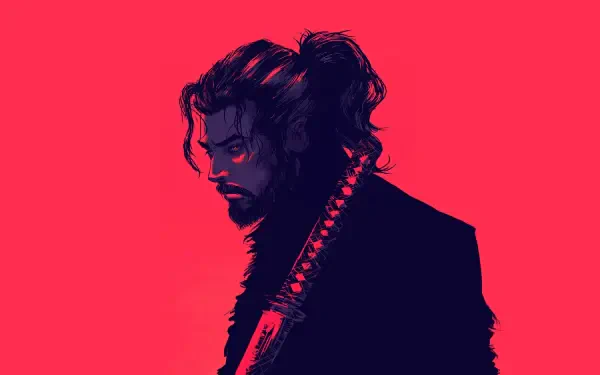 HD PC desktop wallpaper and background of Vagabond anime/manga Miyamoto Musashi: dark, brooding silhouette with tied-back hair and katana against a vivid red backdrop.