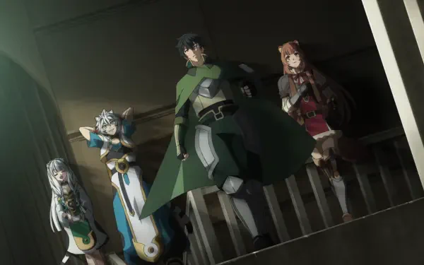Anime HD PC desktop wallpaper of The Rising of the Shield Hero: Naofumi with Raphtalia, Filo and Melty standing on a balcony, poised in dramatic shadowed light.
