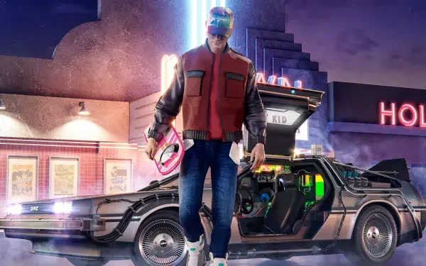 Back To The Future Part II HD PC desktop wallpaper/background: a man in a red puffer vest and visor stands beside an open-gullwing DeLorean under neon city lights.