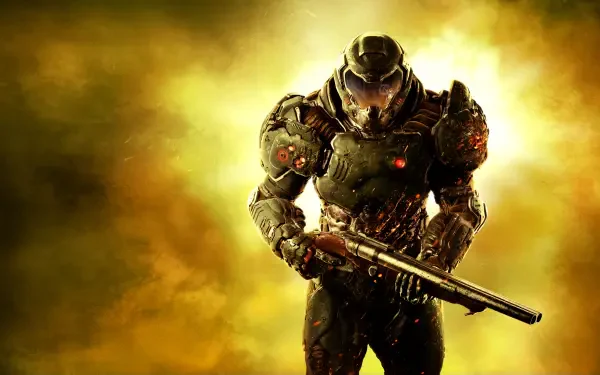 4K Ultra HD Doom (2016) PC wallpaper: armored Doom Slayer holding a shotgun amid a glowing yellow-orange smoky inferno.