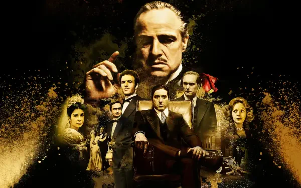 The Godfather 4K Ultra HD PC desktop wallpaper and background: dramatic sepia-toned collage of a stern mafia don flanked by serious family members in formal attire.