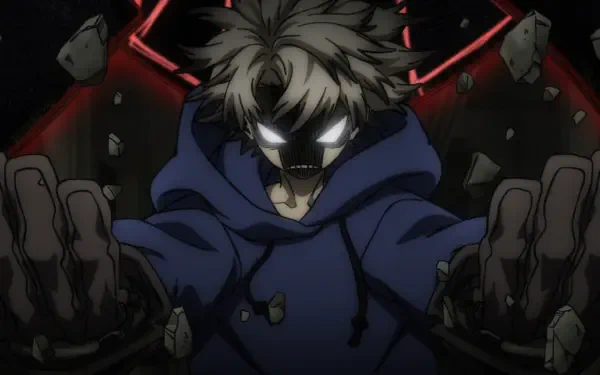 Anime HD PC desktop wallpaper: Gachiakuta's Rudo Surebrec — screaming hooded figure with pale glowing eyes, outstretched hands, shattered debris and ominous red machinery behind.