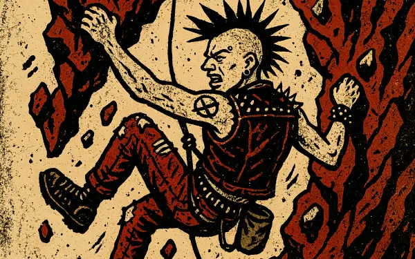Gritty illustration of a mohawked punk climber scaling a jagged red rock face, bold ink textures and spiked gear — 4K Ultra HD PC desktop wallpaper/background.