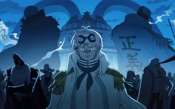 HD anime desktop wallpaper: Koby from One Piece stands solemn in Marine uniform under blue light, framed by towering armored silhouettes, banners and a stormy sky.