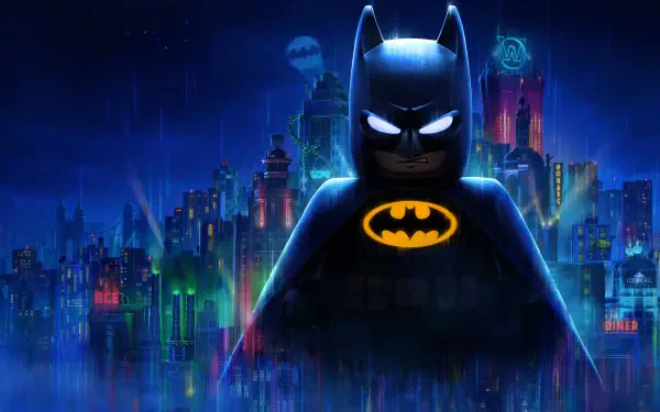 4K Ultra HD PC wallpaper of LEGO Batman from the video game Lego Batman: Legacy of the Dark Knight looming over a neon-lit Gotham City skyline.