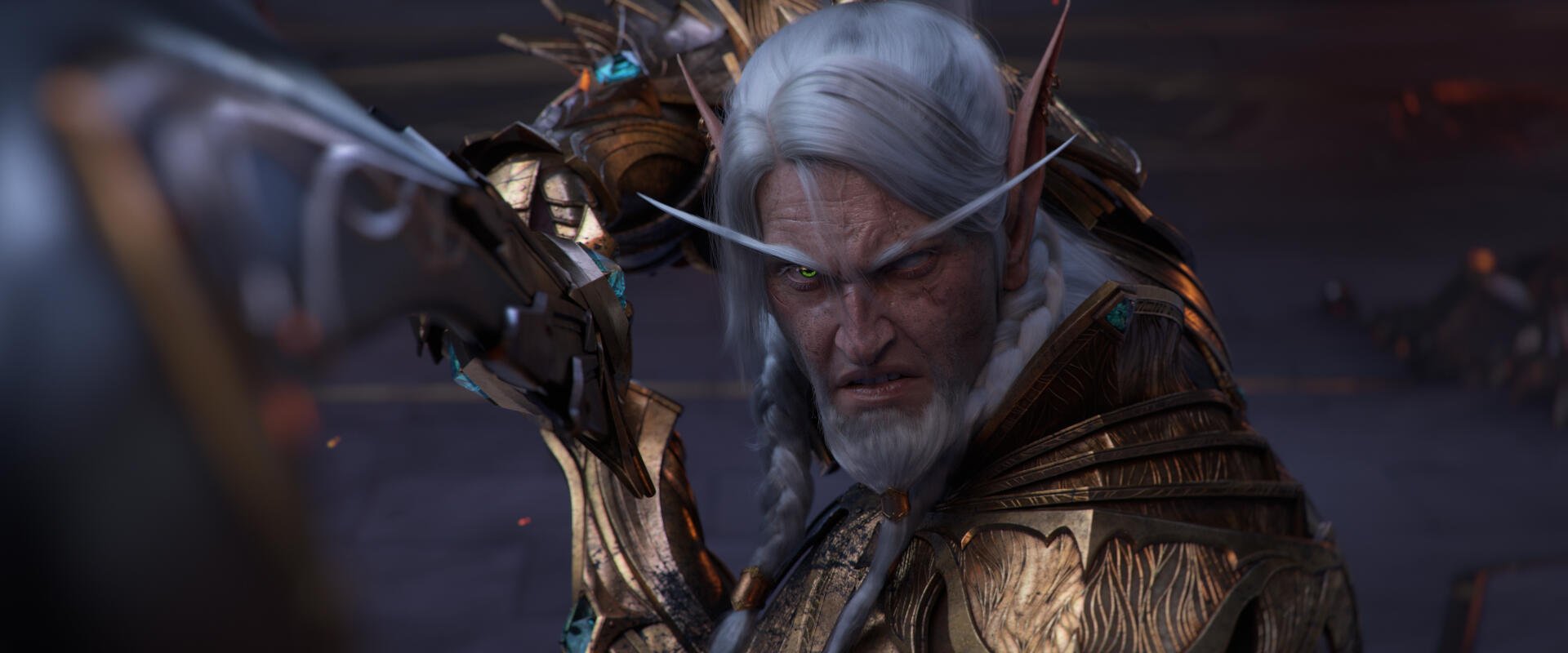 World of Warcraft: Midnight video game HD PC desktop wallpaper/background — silver‑haired elf archer in ornate armor, grim expression, drawing a bow against a dark, stormy backdrop.