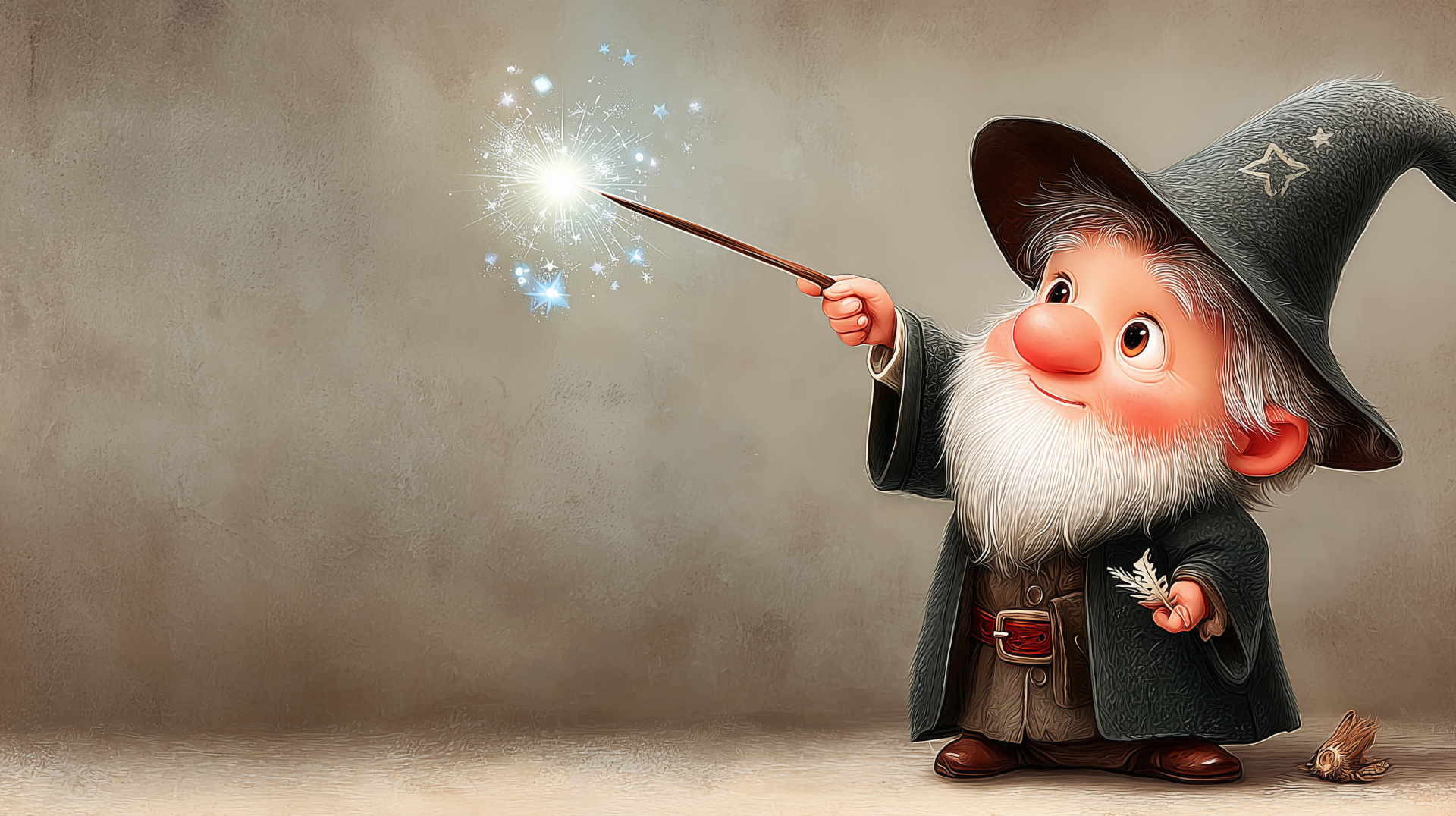 HD PC desktop wallpaper of a whimsical bearded sorcerer in a pointed hat casting a sparkling magic spell with his wand against a soft, neutral background.