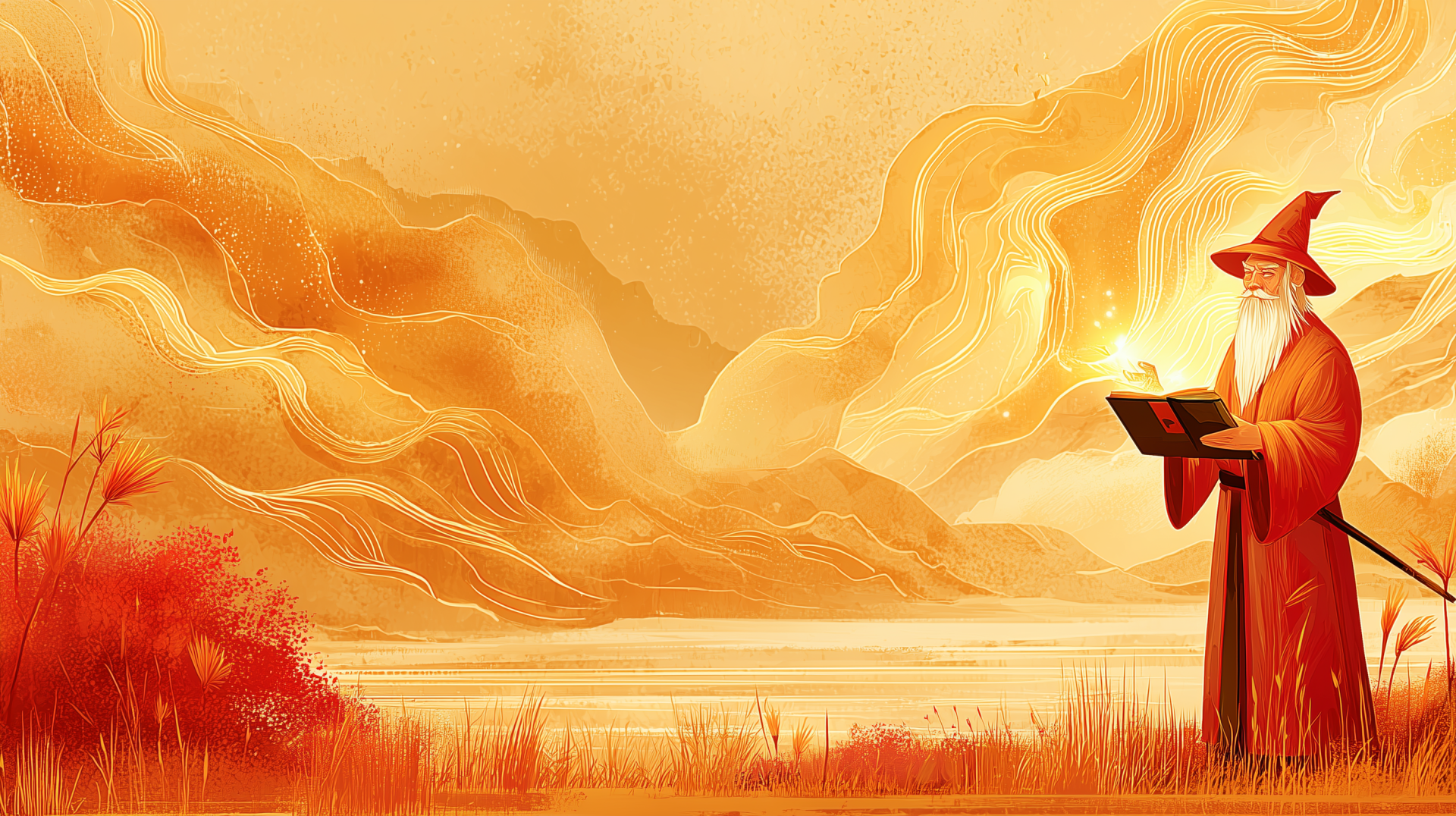 Yellow fantasy illustration of a sorcerer casting a light spell over a golden lakeside landscape, HD PC desktop wallpaper and background.