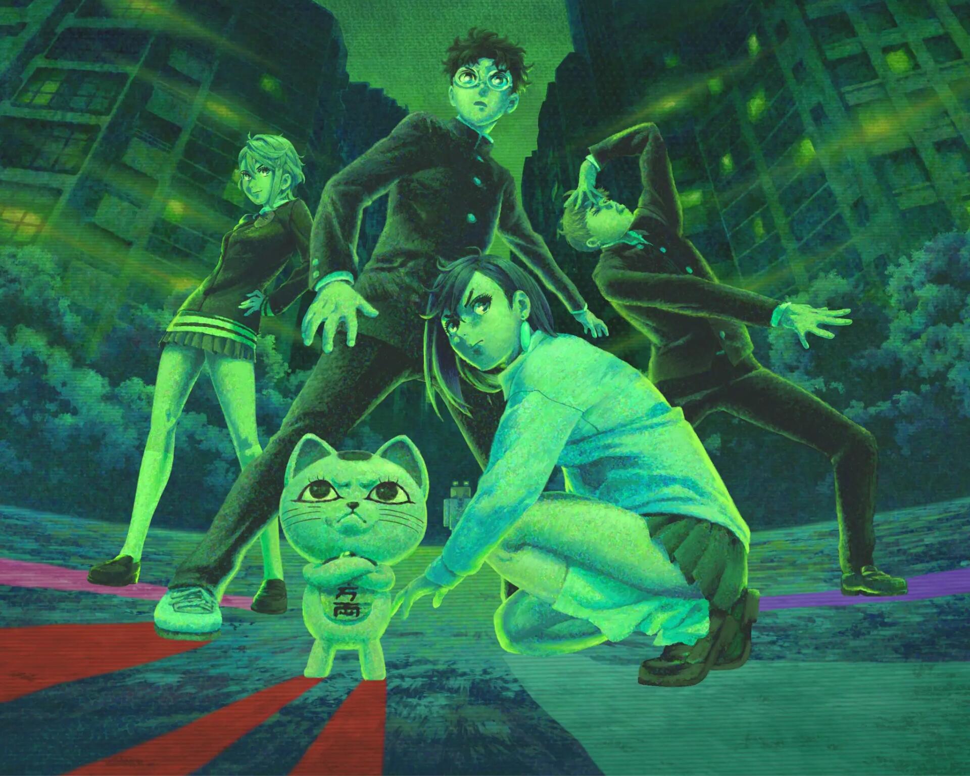 Dandadan anime HD PC desktop wallpaper: four teens strike dramatic poses in a green neon cityscape, one kneeling beside a small, expressive cat-like creature.