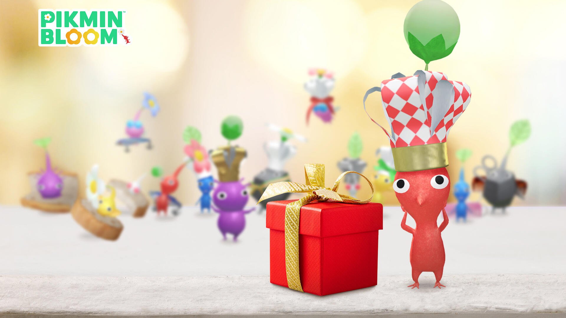 HD PC desktop wallpaper and background: Pikmin characters in a soft bokeh scene, a crowned red Pikmin beside a red gift box with colorful Pikmin blurred in the background.