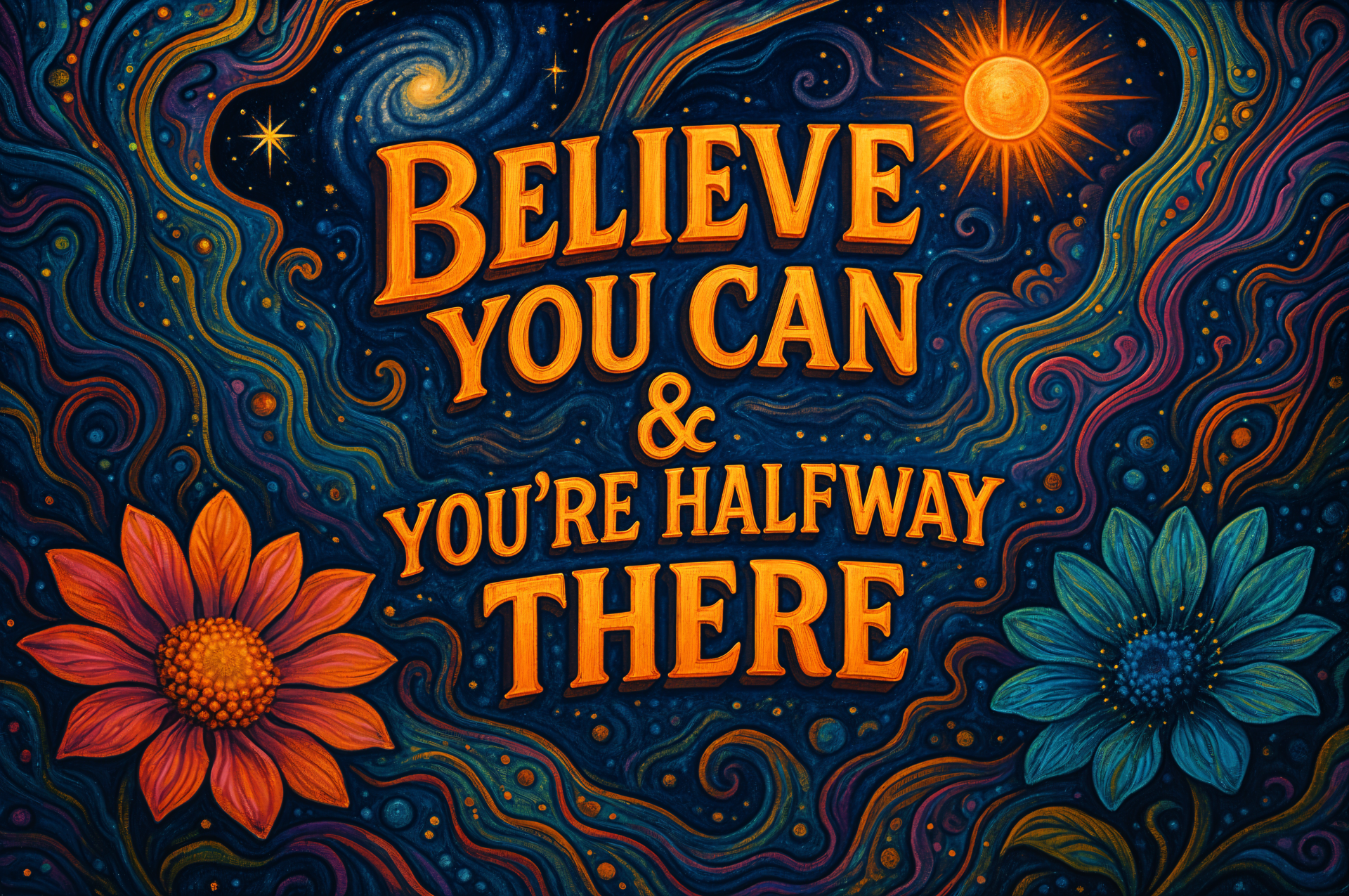 4K Ultra HD PC desktop wallpaper: vibrant cosmic swirls, sun and flowers framing the inspirational quote Believe you can & you're halfway there.