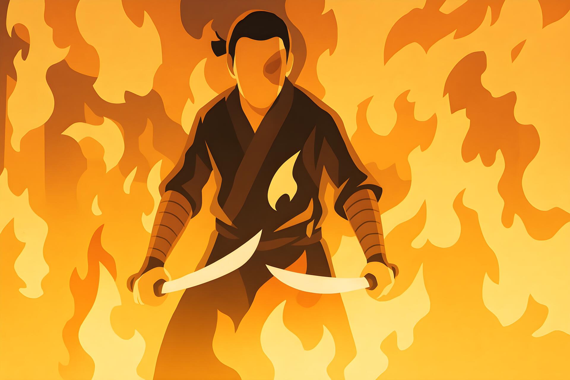 HD PC wallpaper of Zuko from Avatar: The Last Airbender — silhouetted in roaring flames, wielding dual curved swords, intense stance against a blazing orange background.