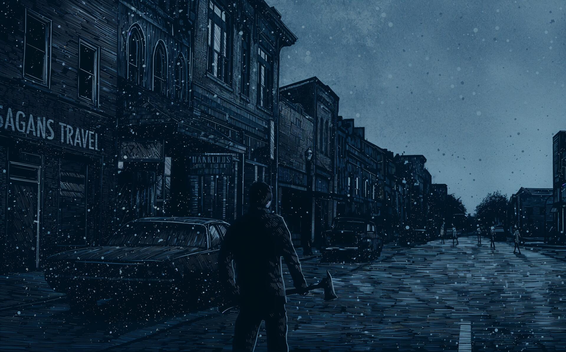 Silent Hill video game 4K Ultra HD PC desktop wallpaper: lone figure with an axe walks a snow-dusted, foggy main street lined with dark storefronts under a cold, blue night sky.