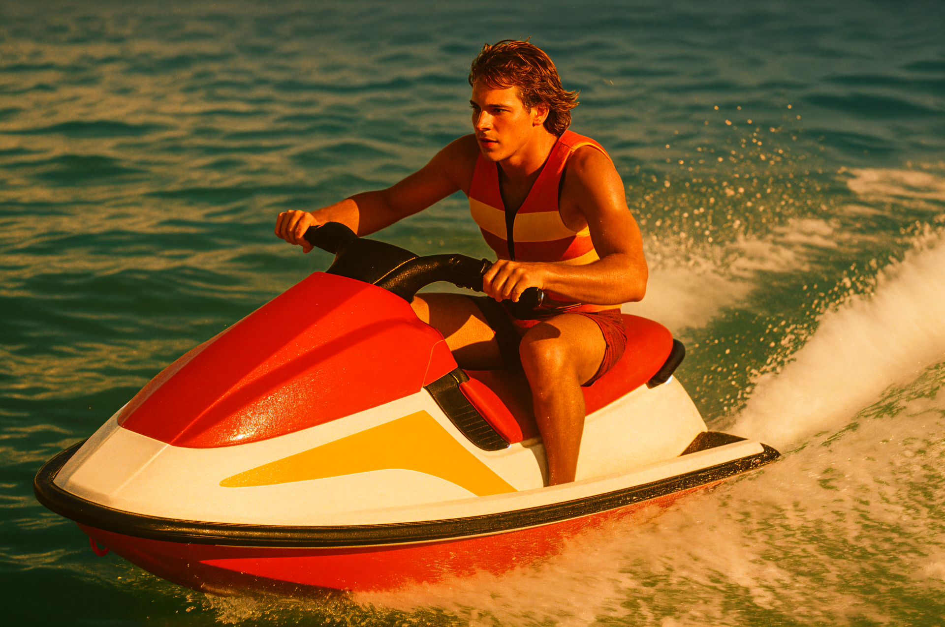 4K Ultra HD PC desktop wallpaper showing a person riding a red-and-white jet ski across sunlit, choppy water.