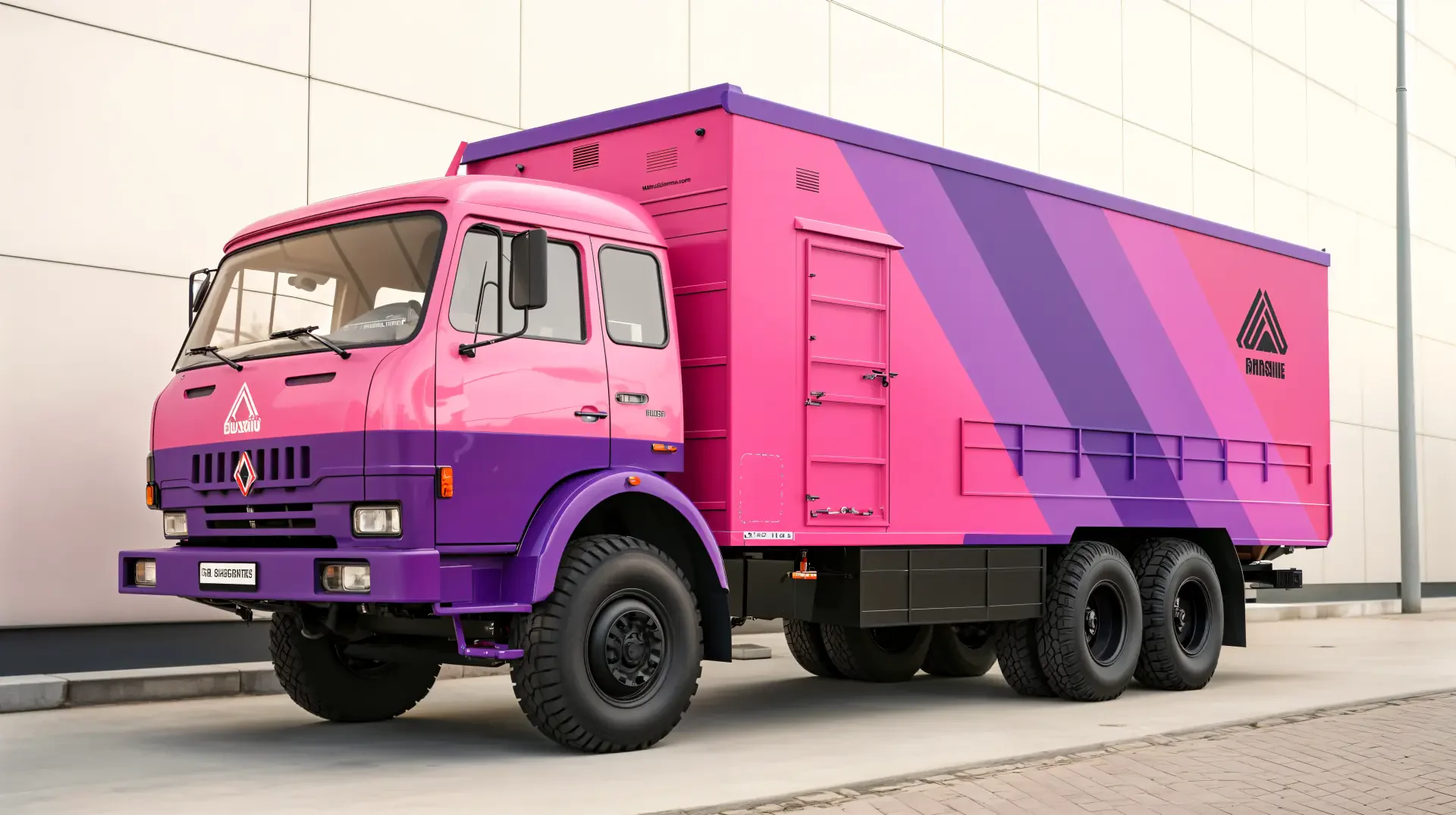 Pink and purple Kamaz truck parked beside a pale wall — 4K Ultra HD PC desktop wallpaper and background.