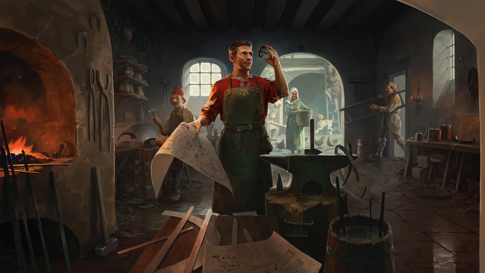 HD PC desktop wallpaper for the video game Kingdom Come: Deliverance II: a medieval blacksmith holds plans in a sunlit forge as apprentices hammer and shape glowing metal.