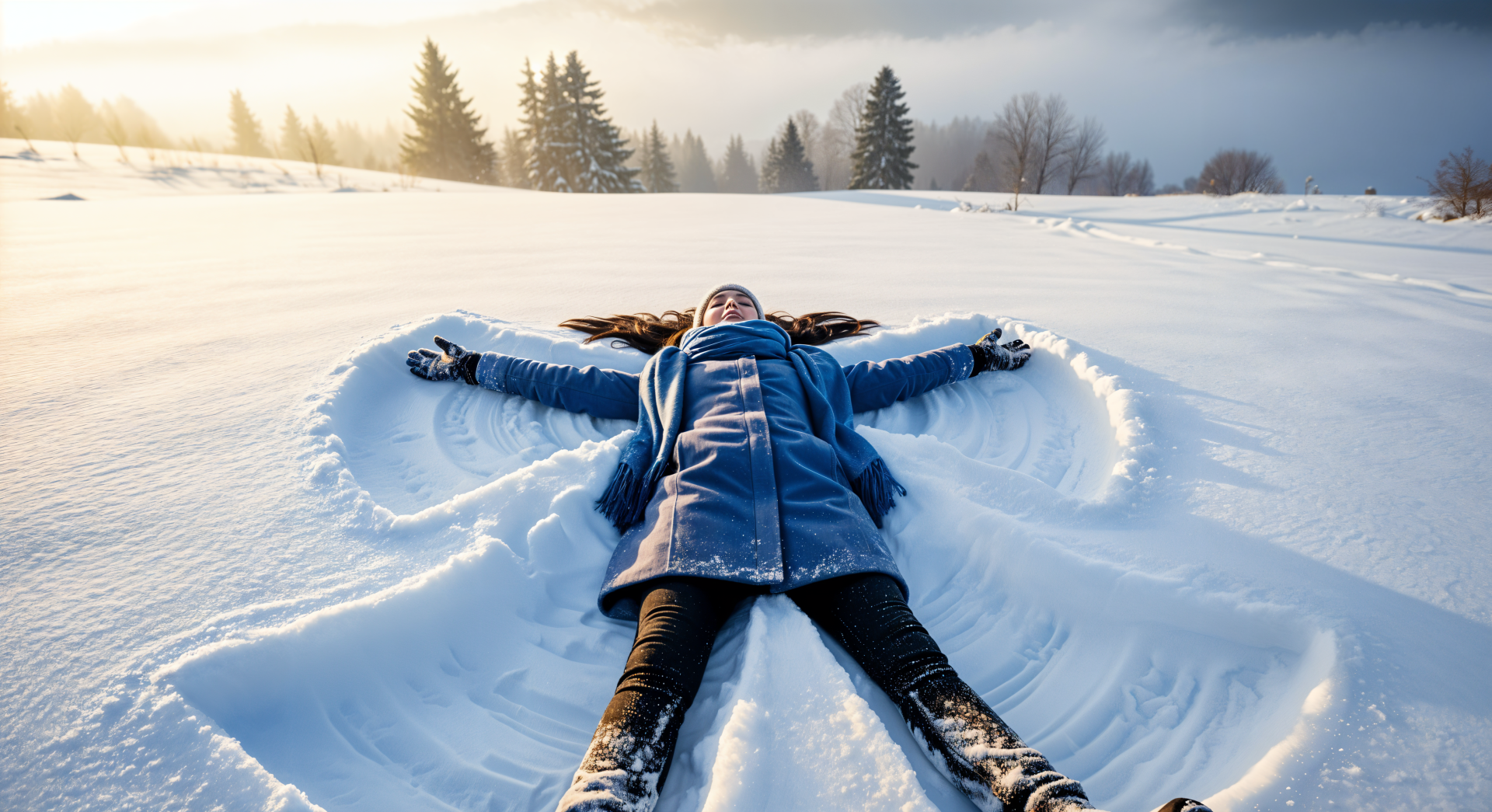 Person lying in fresh snow making a snow angel at sunrise among pine trees — 4K Ultra HD PC desktop wallpaper and background.