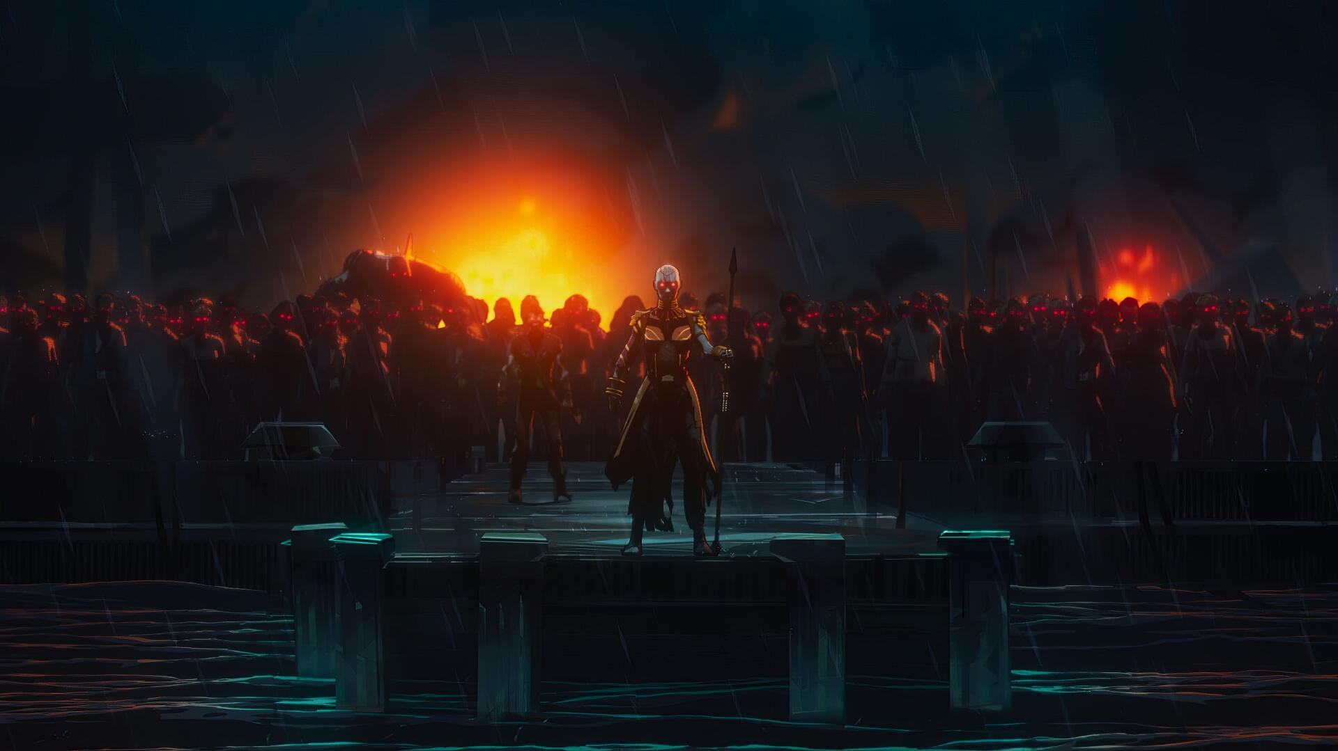 HD PC desktop wallpaper background from a TV show (Marvel Zombies): lone armored figure stands on a ruined platform, facing a horde of glowing-eyed zombies amid fiery explosions.