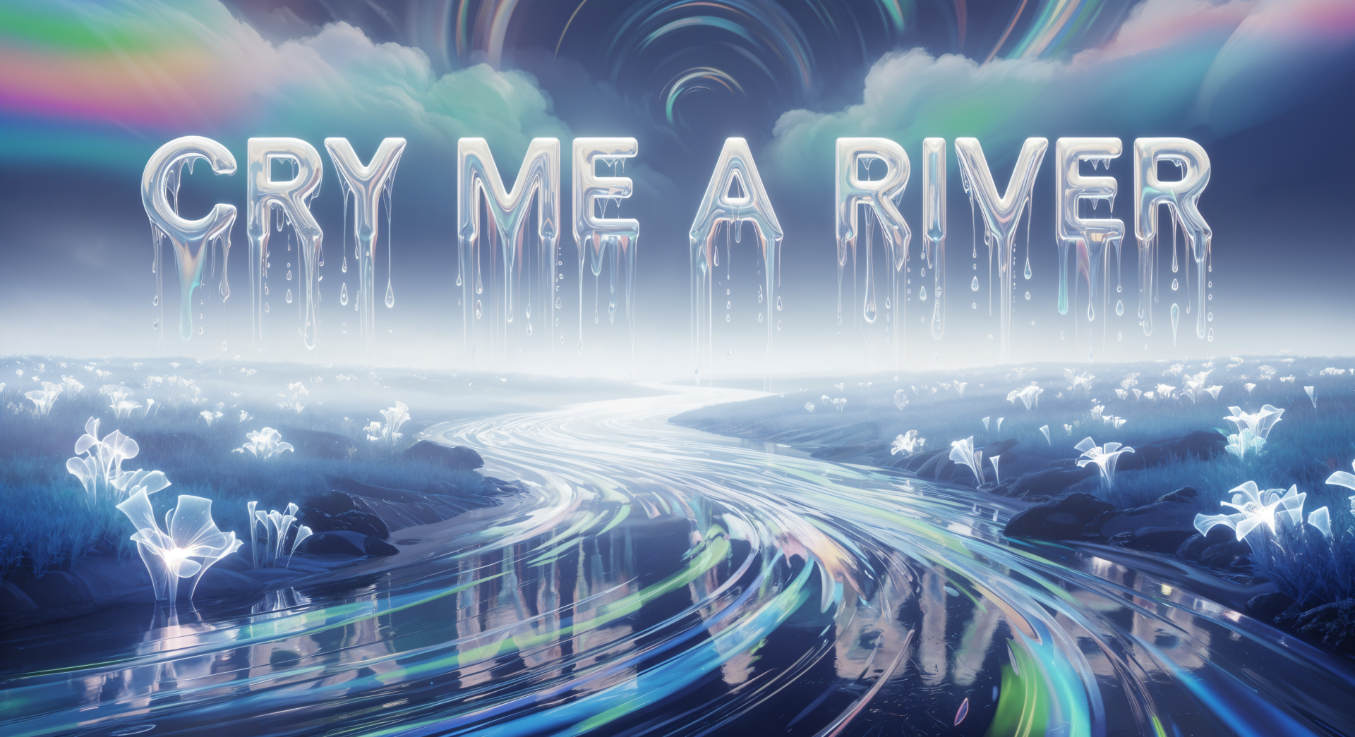4K Ultra HD PC desktop wallpaper/background: ethereal CRY ME A RIVER in icy, dripping letters above a luminous, flowing river of light beneath swirling clouds.