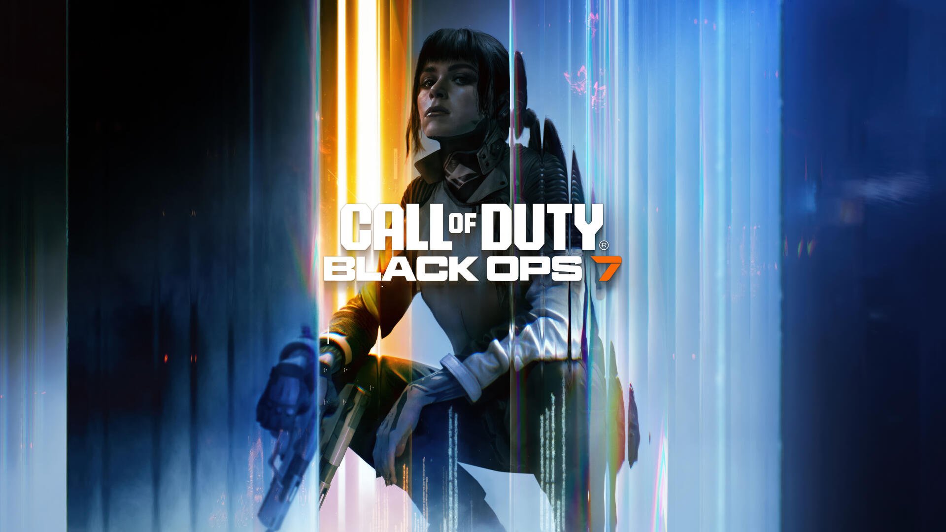 Video game Call of Duty: Black Ops 7 4K Ultra HD PC desktop wallpaper: armed operator seated amid blue and orange vertical light streaks.