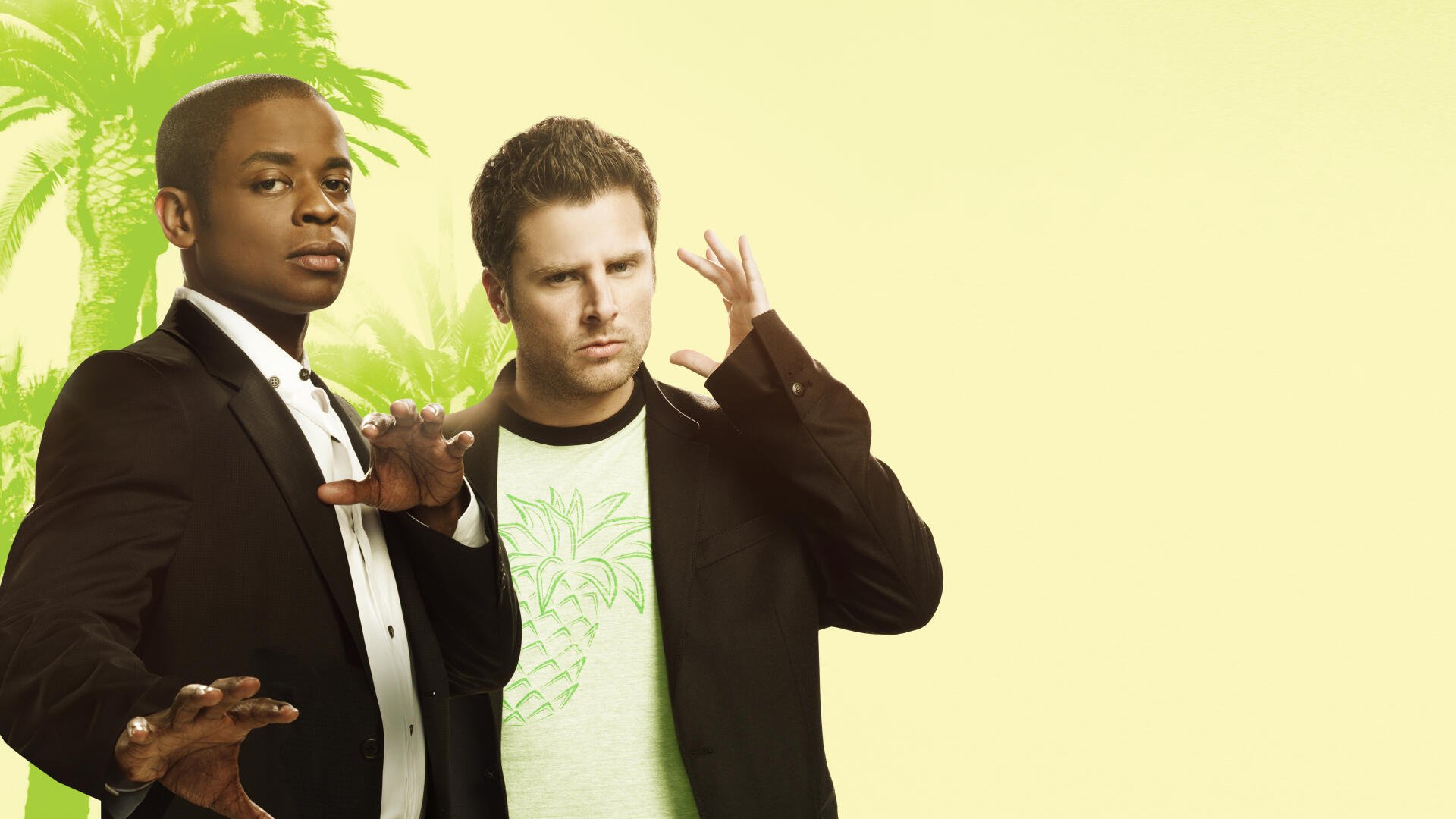 Two men strike playful detective poses before a pale yellow backdrop with palm trees — Psych (TV show) 4K Ultra HD PC desktop wallpaper/background.