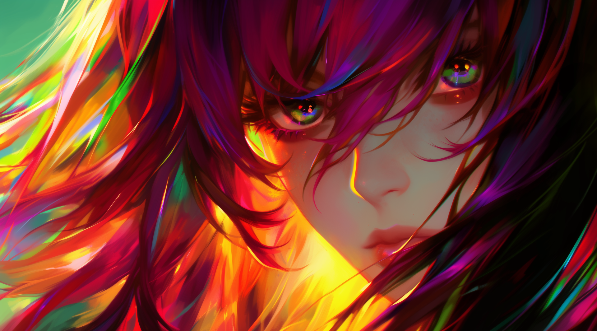 Vivid AI-art HD PC desktop wallpaper of an anime girl close-up, neon multicolored hair and glowing eyes casting warm light across her face.