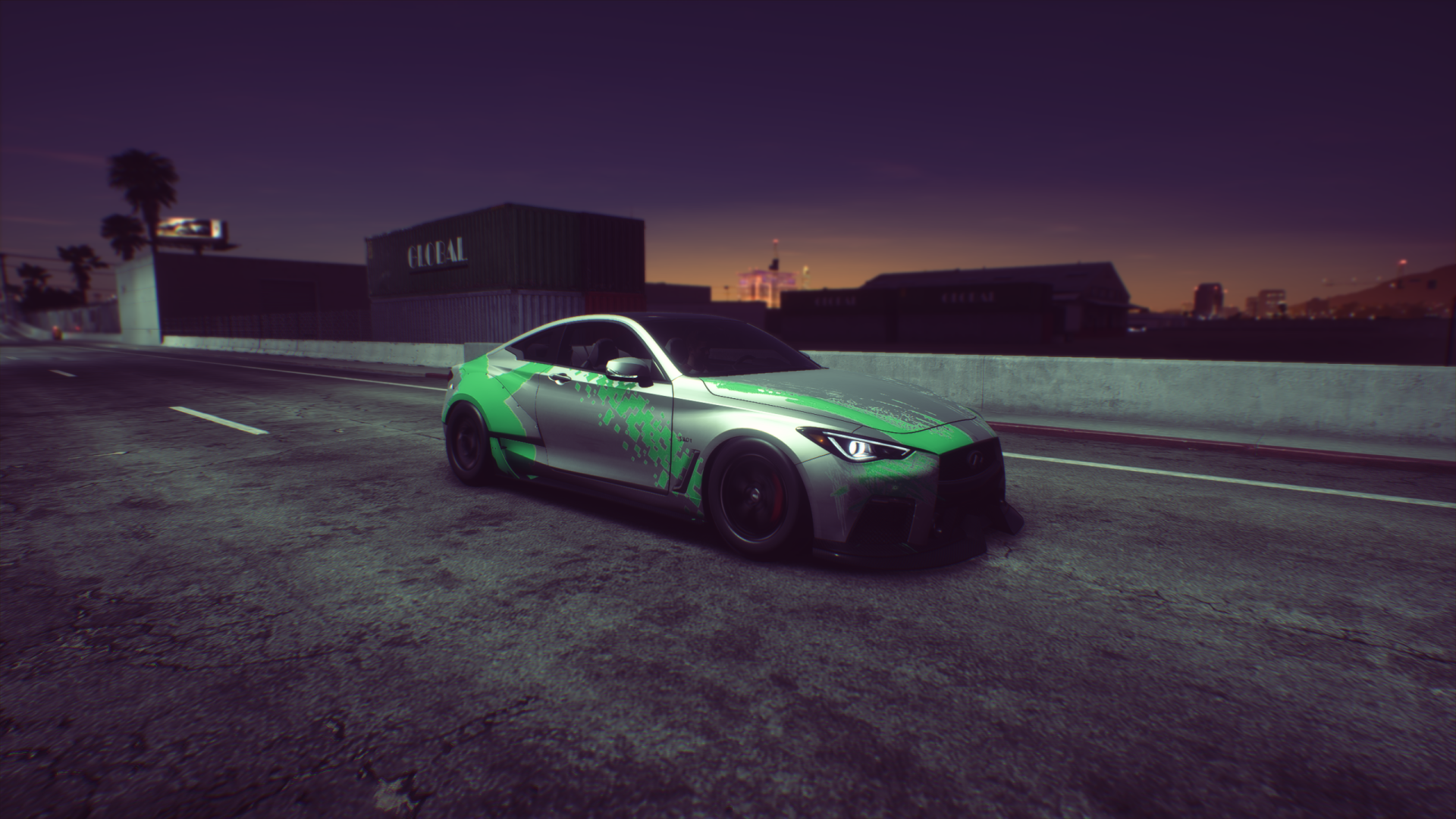 Infiniti Q60S in neon-green livery parked on a dark urban street at dusk — Need for Speed Heat HD PC desktop wallpaper.