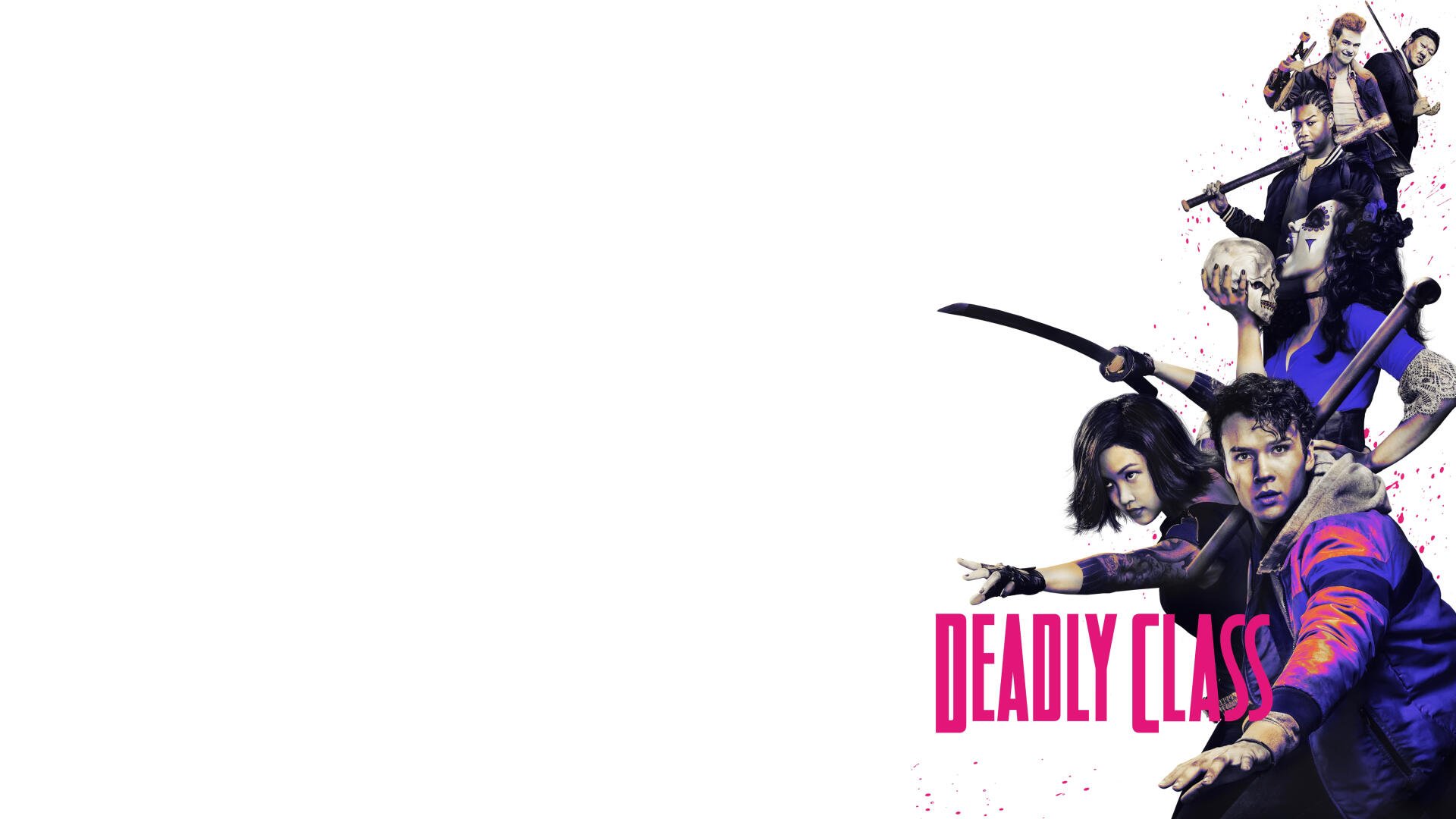 Deadly Class TV show 4K Ultra HD PC desktop wallpaper: stylized group of characters clustered at right with bold magenta title and vibrant colors, wide white negative space on the left.
