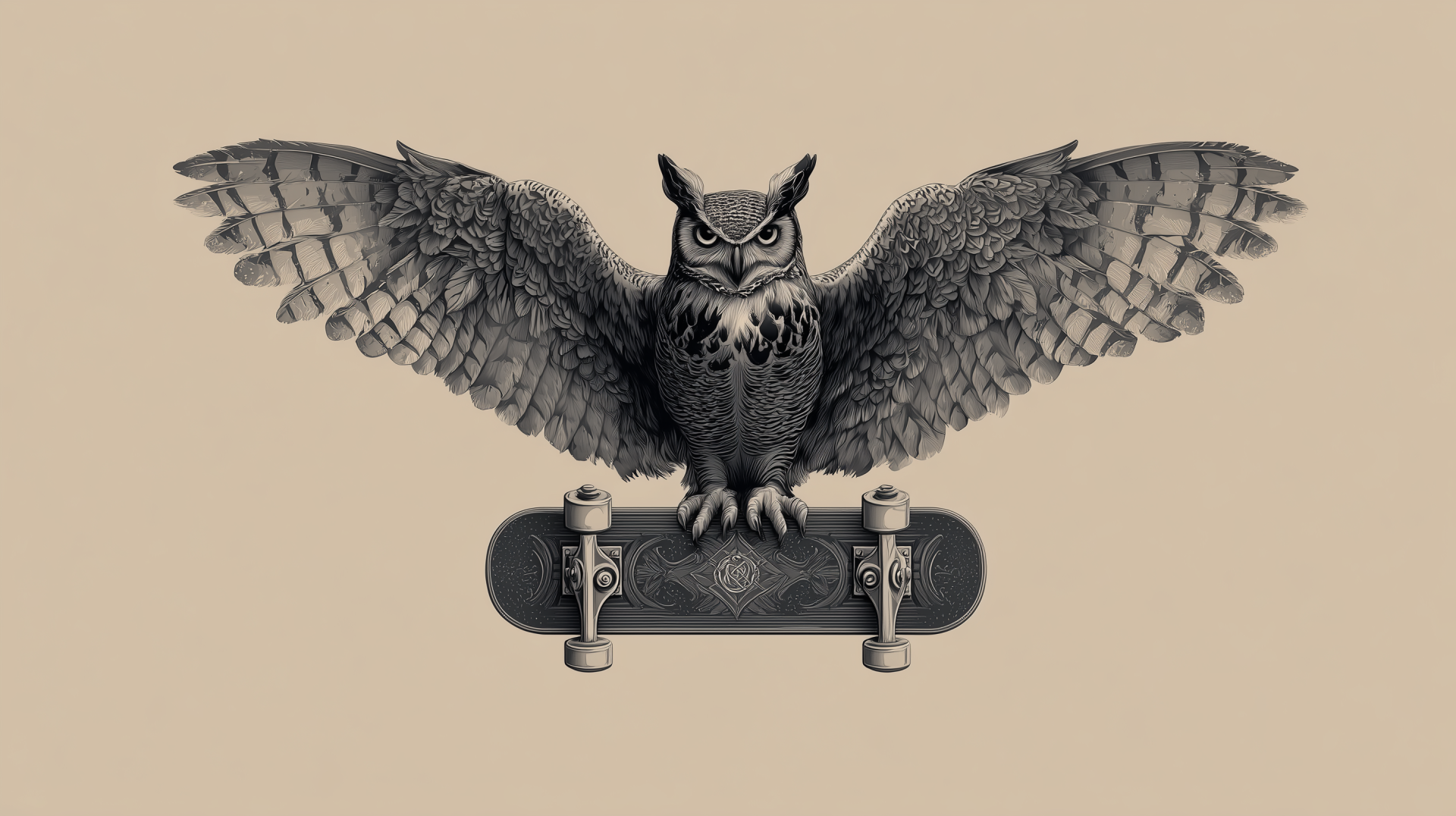 AI art HD PC desktop wallpaper: detailed monochrome owl with wings spread, perched on a skateboard against a neutral beige background.
