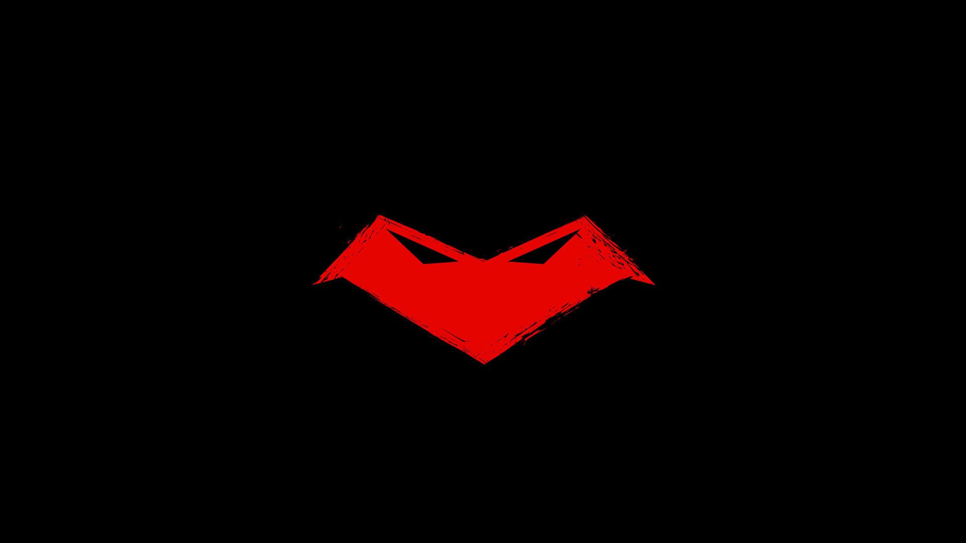 Simple comic Red Hood emblem in bold red against black — HD PC desktop wallpaper and background.