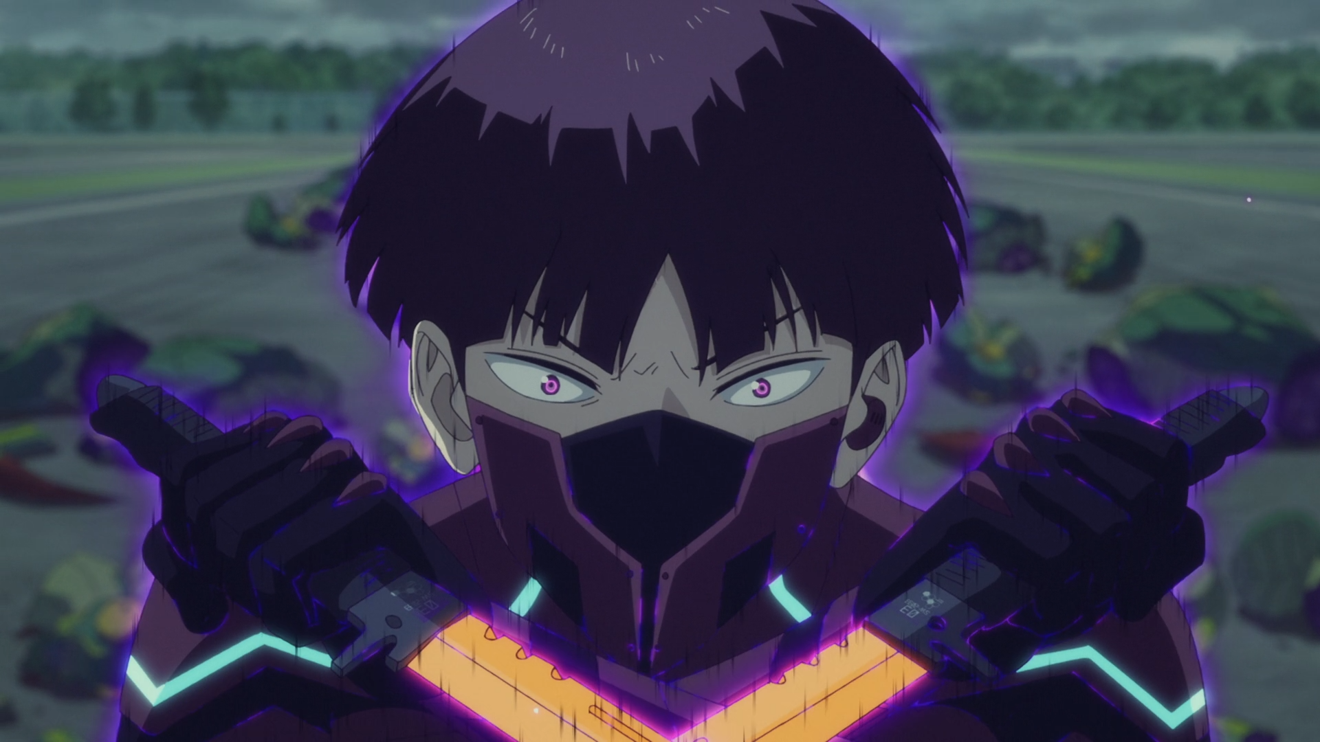HD PC desktop wallpaper showing Kaiju No. 8's Soushirou Hoshina in a black mask and glowing purple armor, intense eyes staring from a blurred battlefield background.