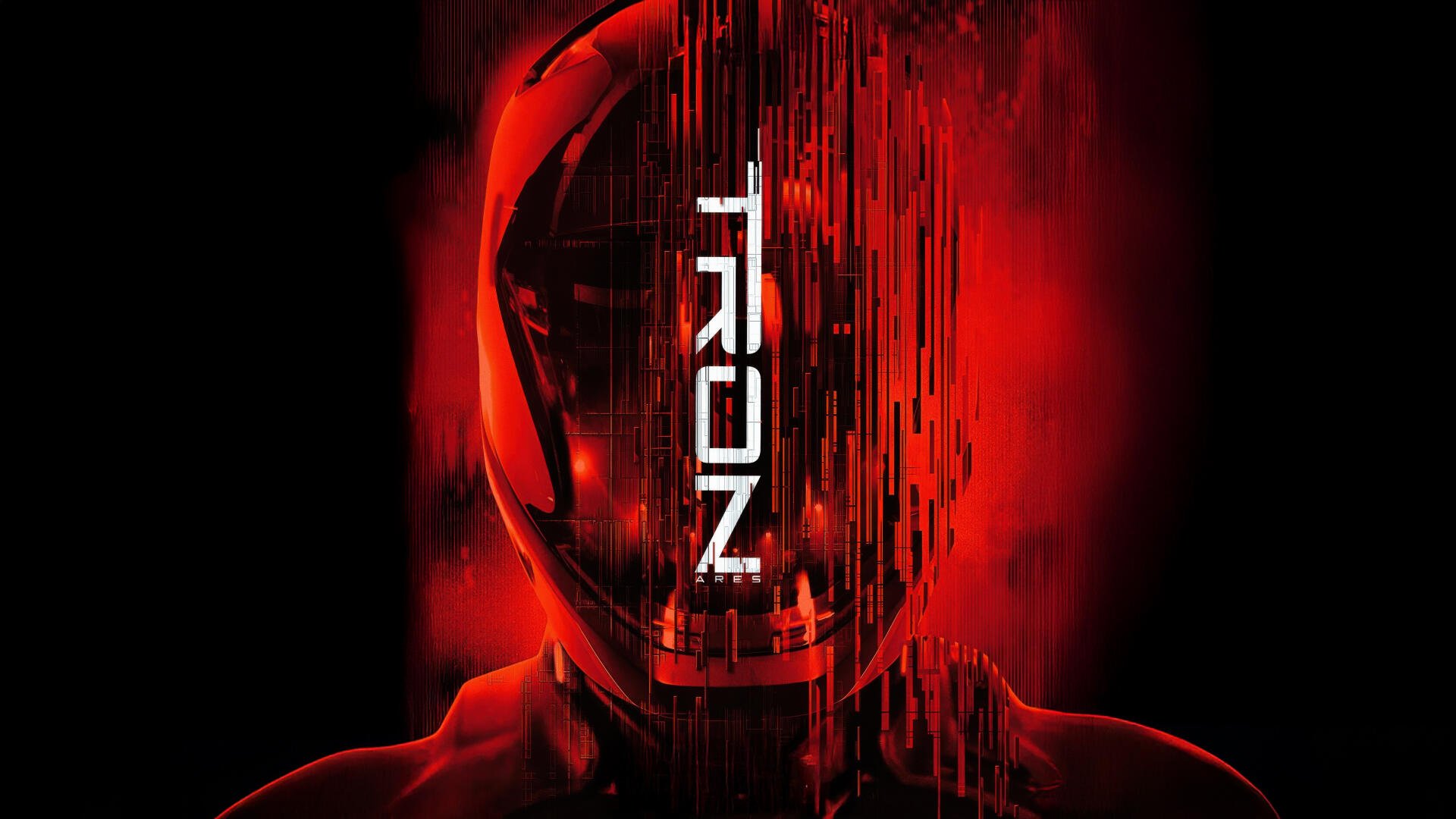 Tron: Ares 4K Ultra HD PC desktop wallpaper featuring a red-glowing helmeted figure split by vertical digital glitches with a vertical TRON logo.