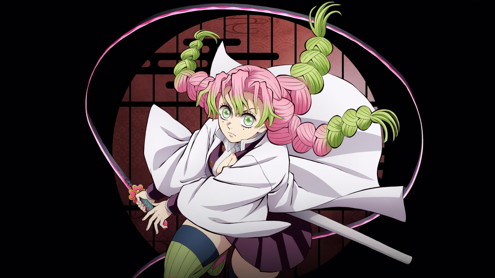 4K Ultra HD PC wallpaper of Mitsuri Kanroji from Demon Slayer: Kimetsu no Yaiba, wielding her sword with pink-green braided hair and white uniform against a circular black-and-red backdrop.